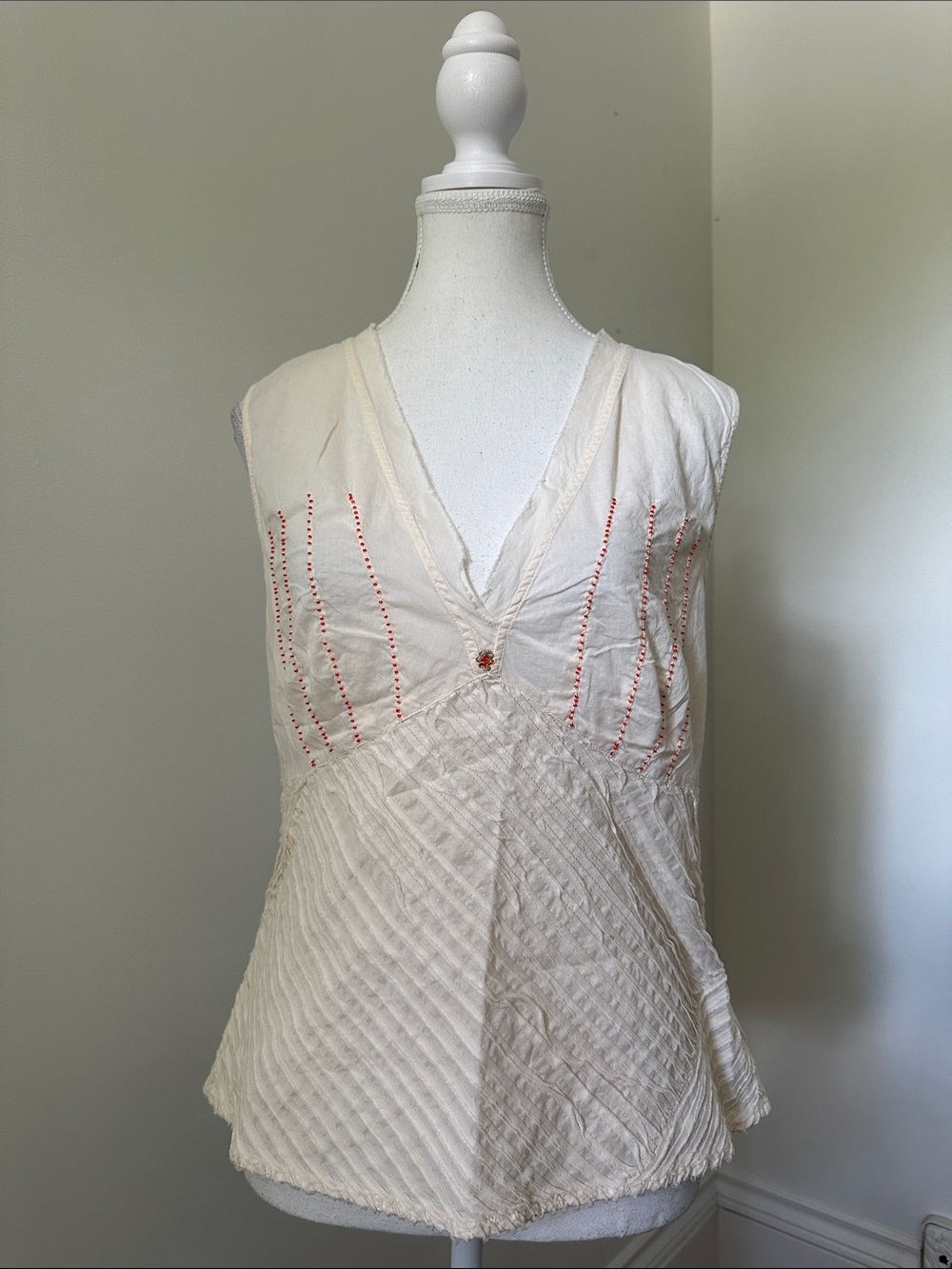 SNAK Cream 100% Cotton Beaded Boho Summer Beach Cottagecore Vneck Tank Top Sz 12